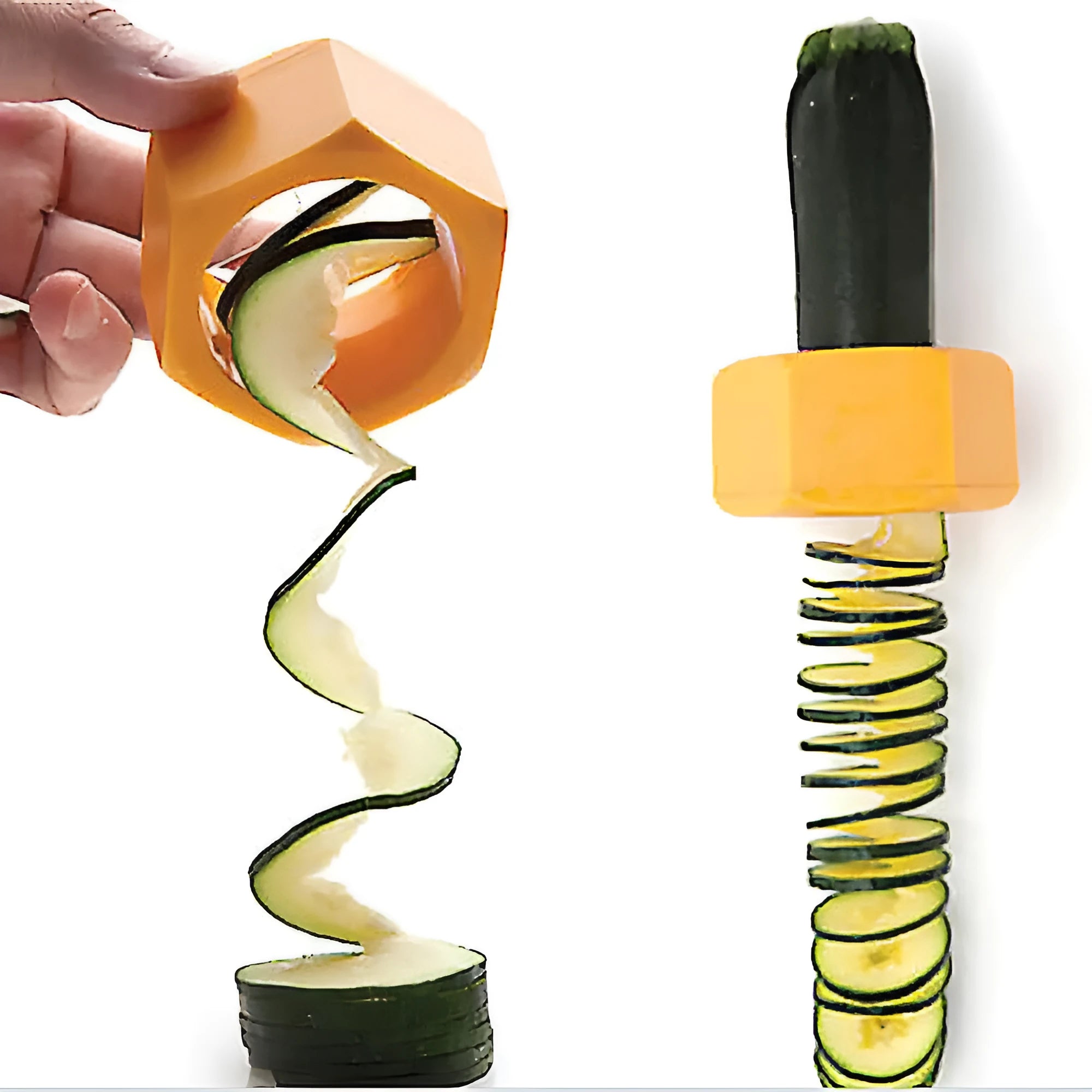 Yellow and green manual spiral vegetable cutter for slicing cucumbers, made from food-grade ABS plastic.
