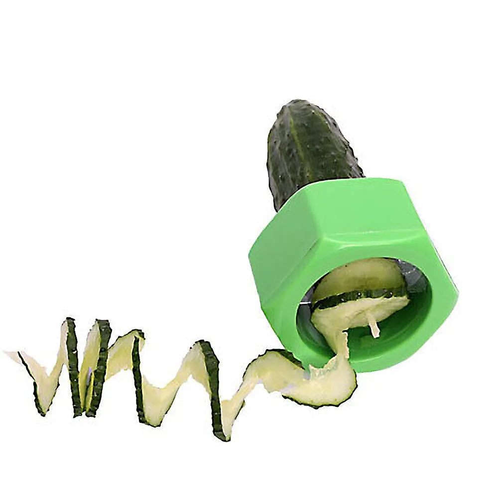 Yellow and green manual spiral vegetable cutter for slicing cucumbers, made from food-grade ABS plastic.