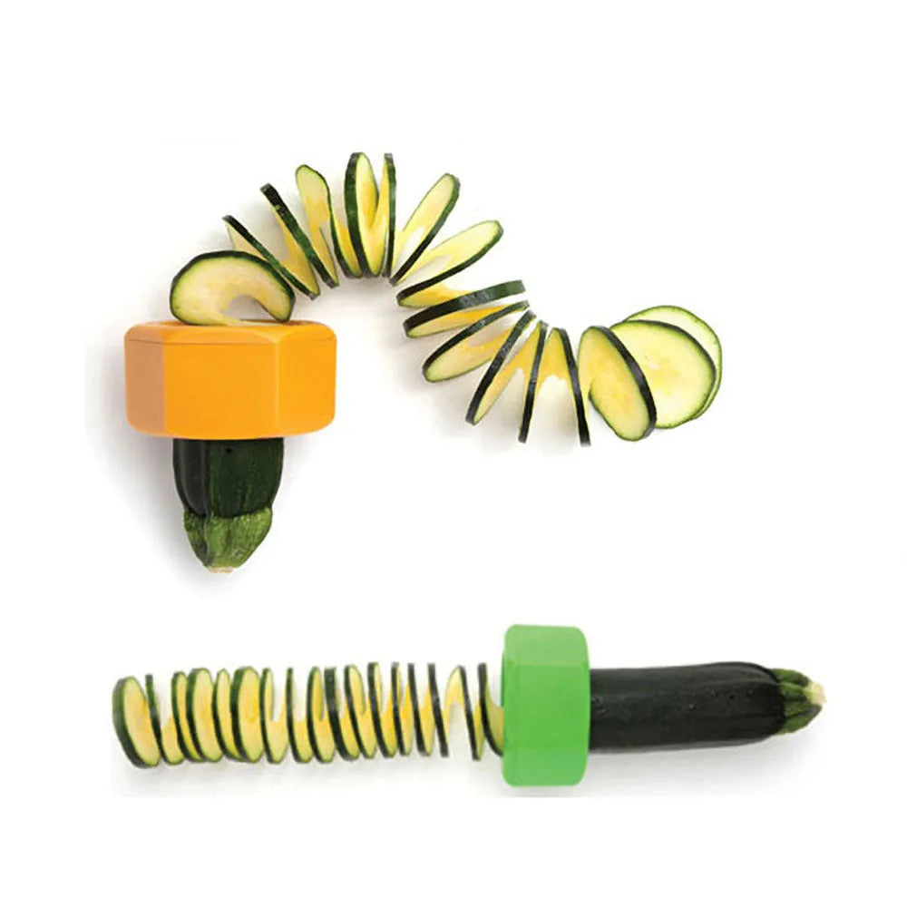 Yellow and green manual spiral vegetable cutter for slicing cucumbers, made from food-grade ABS plastic.