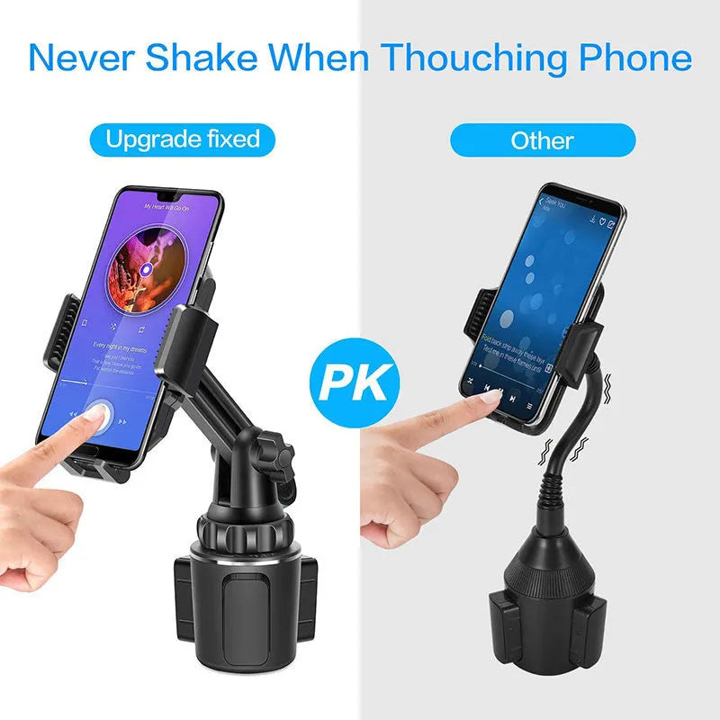 Black ABS plastic car phone holder with 360-degree rotation and adjustable height on a car air vent.