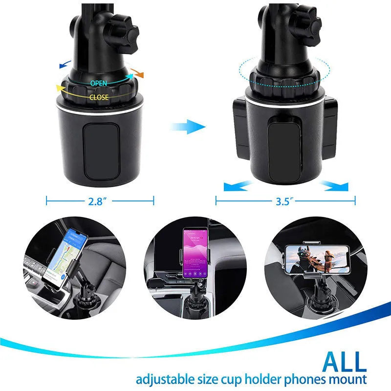 Black ABS plastic car phone holder with 360-degree rotation and adjustable height on a car air vent.