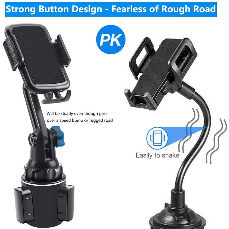 Black ABS plastic car phone holder with 360-degree rotation and adjustable height on a car air vent.