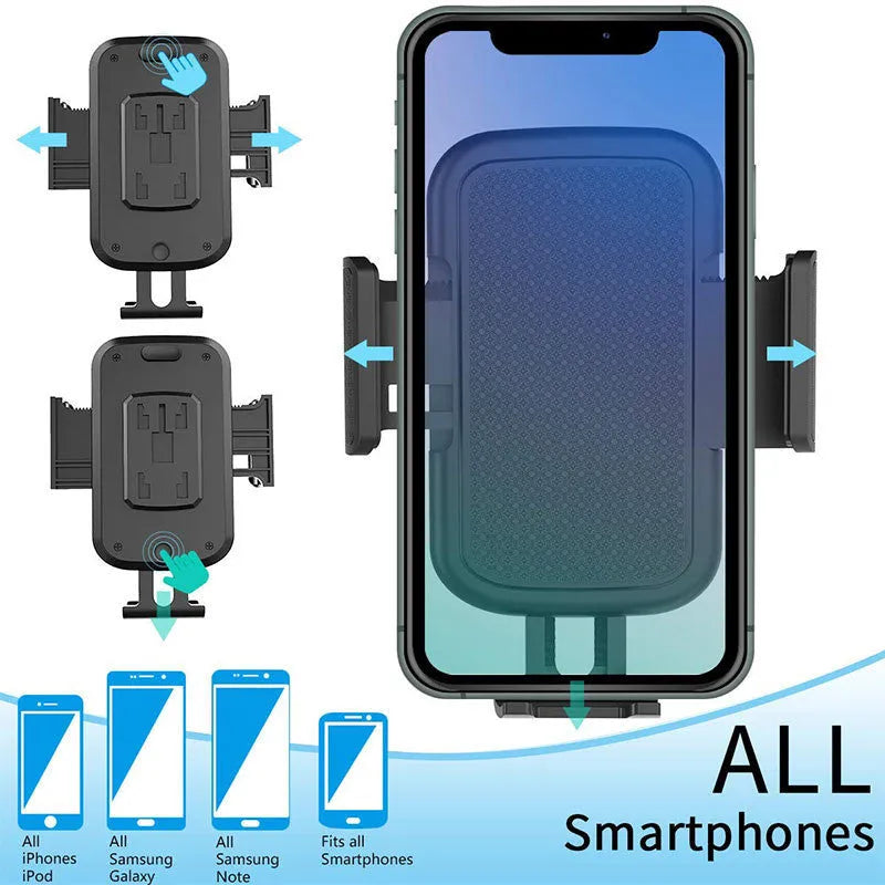Black ABS plastic car phone holder with 360-degree rotation and adjustable height on a car air vent.