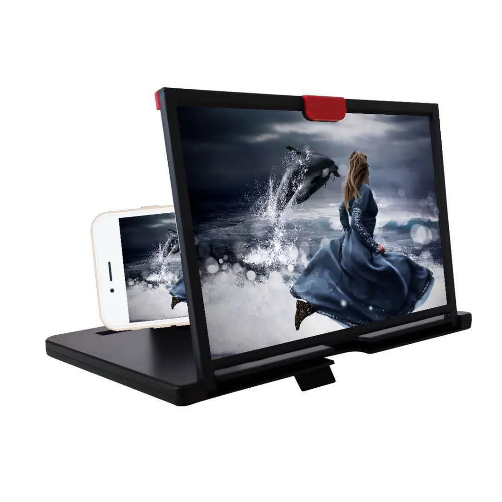 Red 10-inch desktop mobile phone screen magnifier and holder on a wooden desk