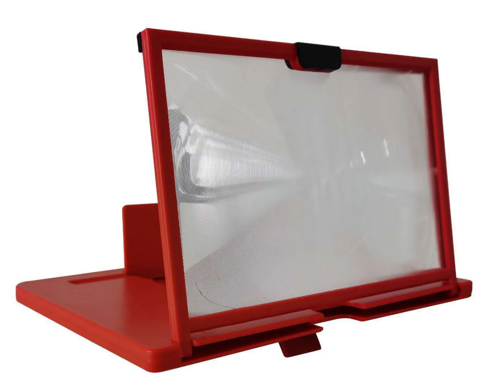 Red 10-inch desktop mobile phone screen magnifier and holder on a wooden desk