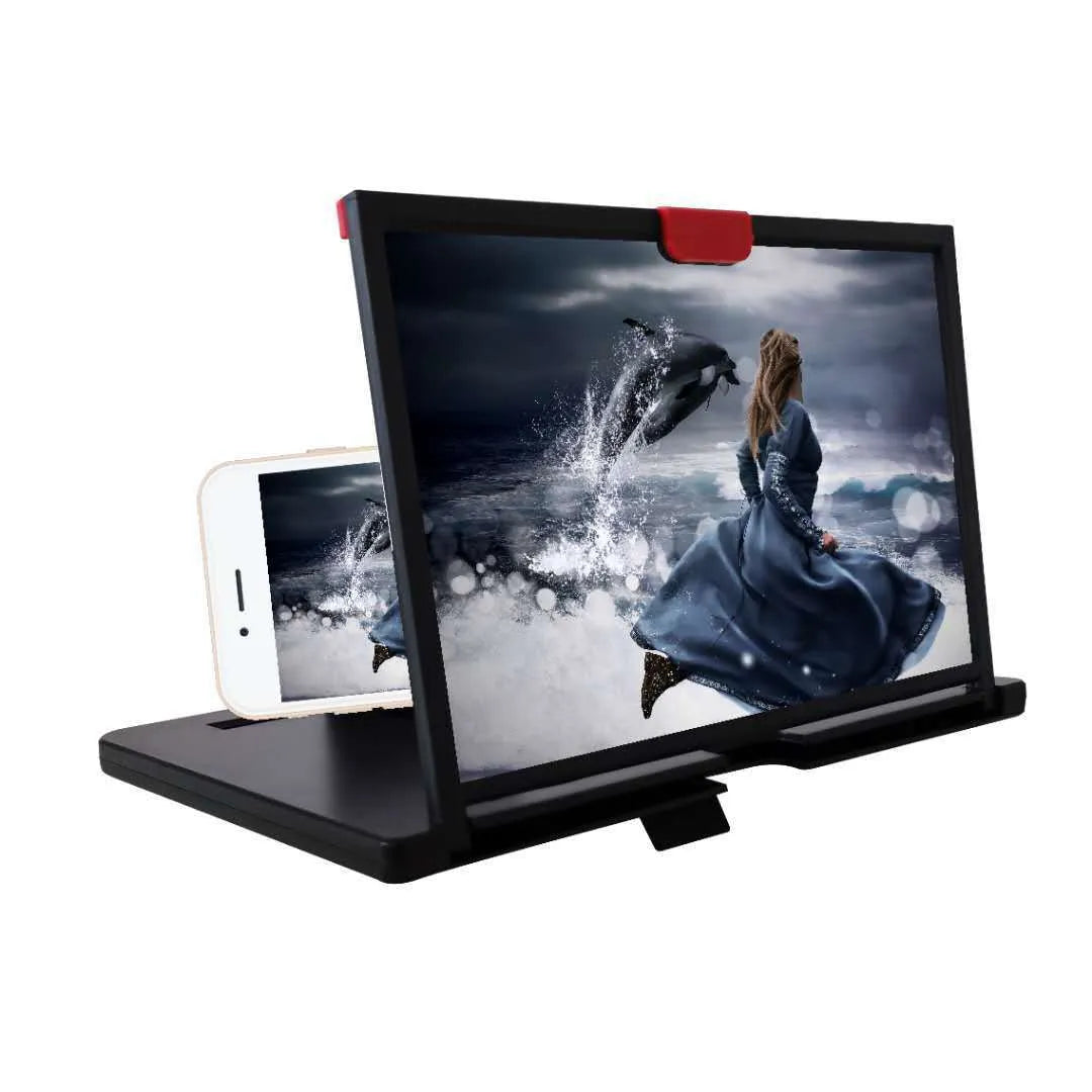 Red 10-inch desktop mobile phone screen magnifier and holder on a wooden desk