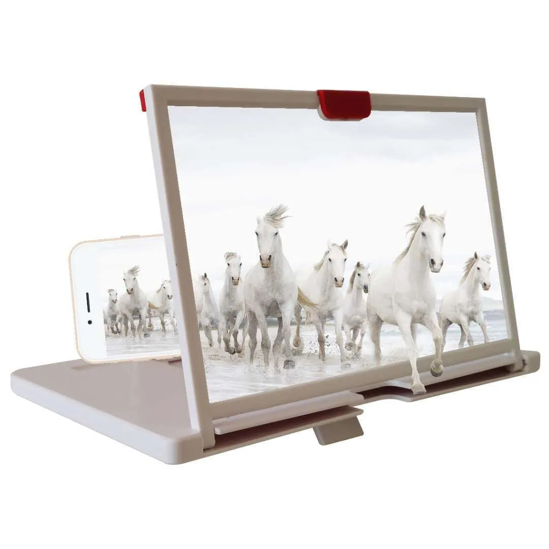 Red 10-inch desktop mobile phone screen magnifier and holder on a wooden desk