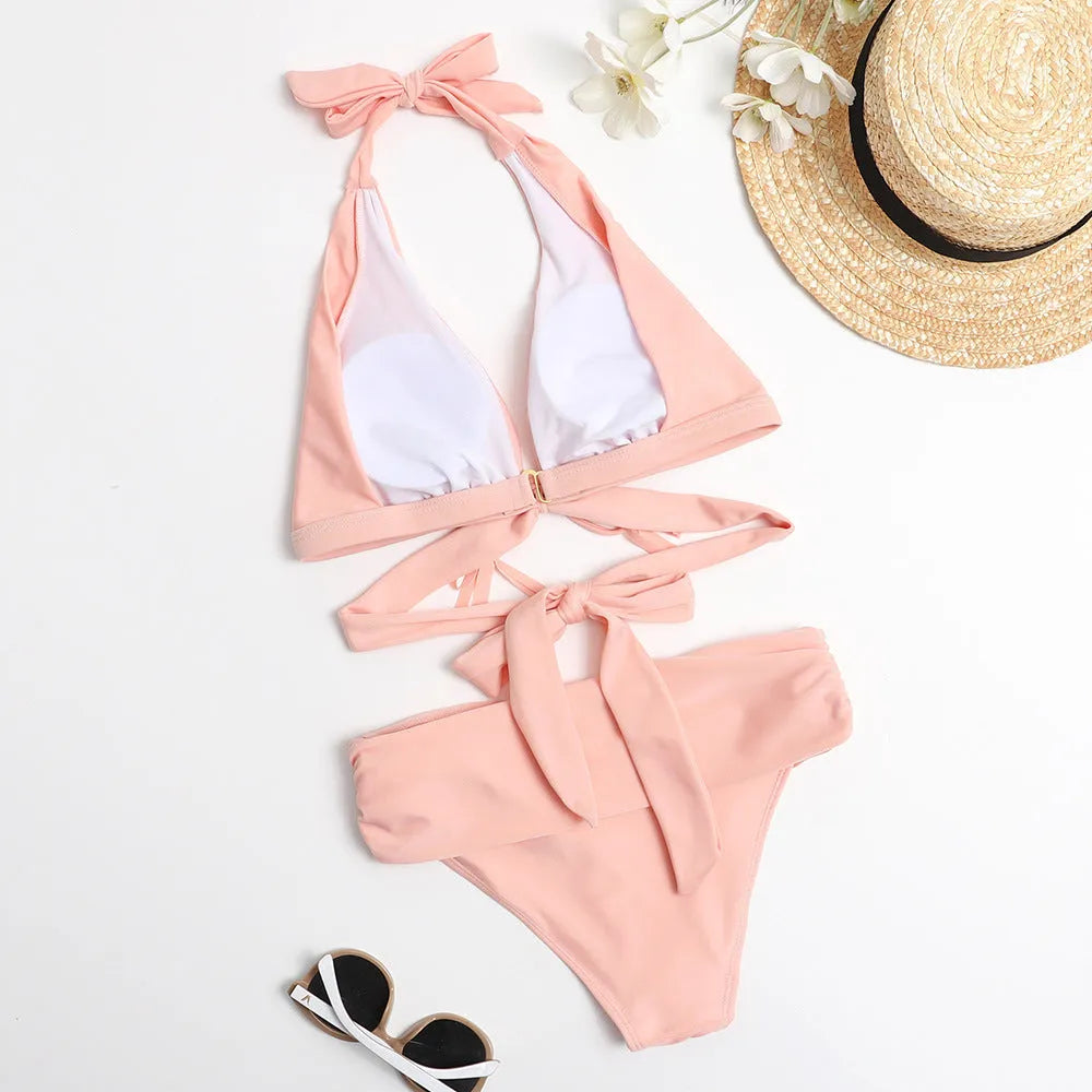 High waist two piece bikini swimsuit set with chest pad in solid colour polyester spandex blend, available in black, pink and white