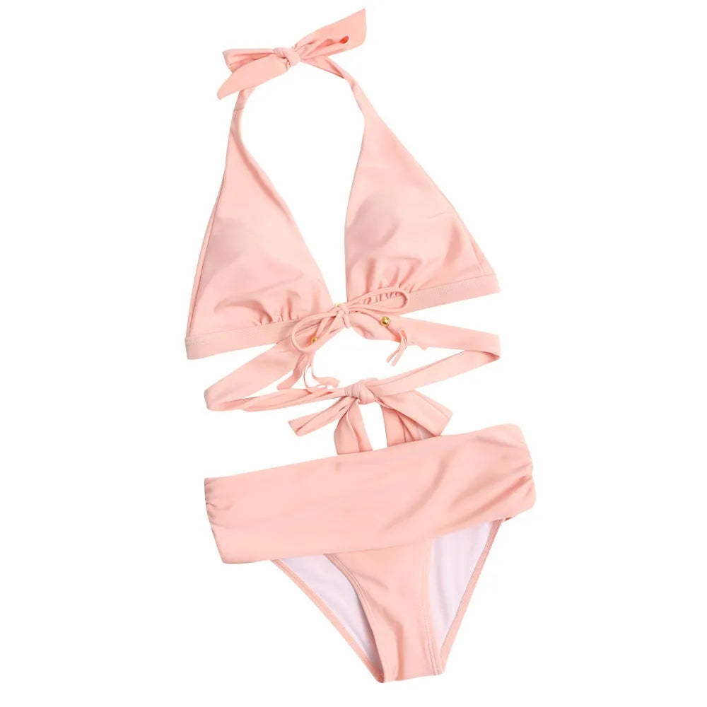 High waist two piece bikini swimsuit set with chest pad in solid colour polyester spandex blend, available in black, pink and white