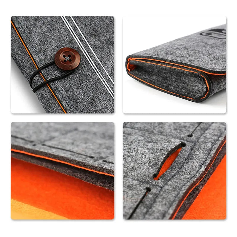 Black felt Nintendo Switch carrying case showing game card slots and storage compartments