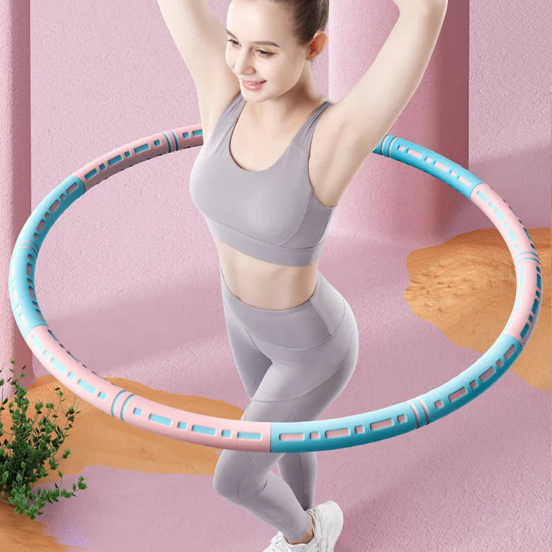 Removable fitness hula hoop with stainless steel tube, foam surface and bump massage floating point, 90cm outer diameter, six sections.