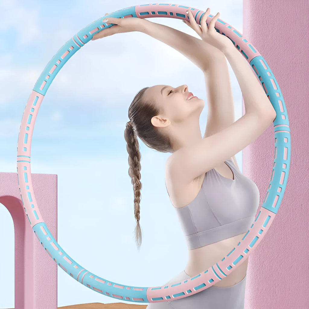 Removable fitness hula hoop with stainless steel tube, foam surface and bump massage floating point, 90cm outer diameter, six sections.