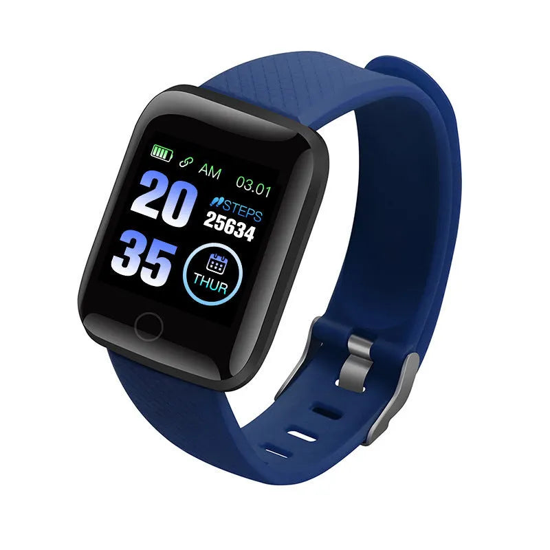 D13 smart bracelet with colour screen showing heart rate on a wrist, available in blue, black, red, purple, green.