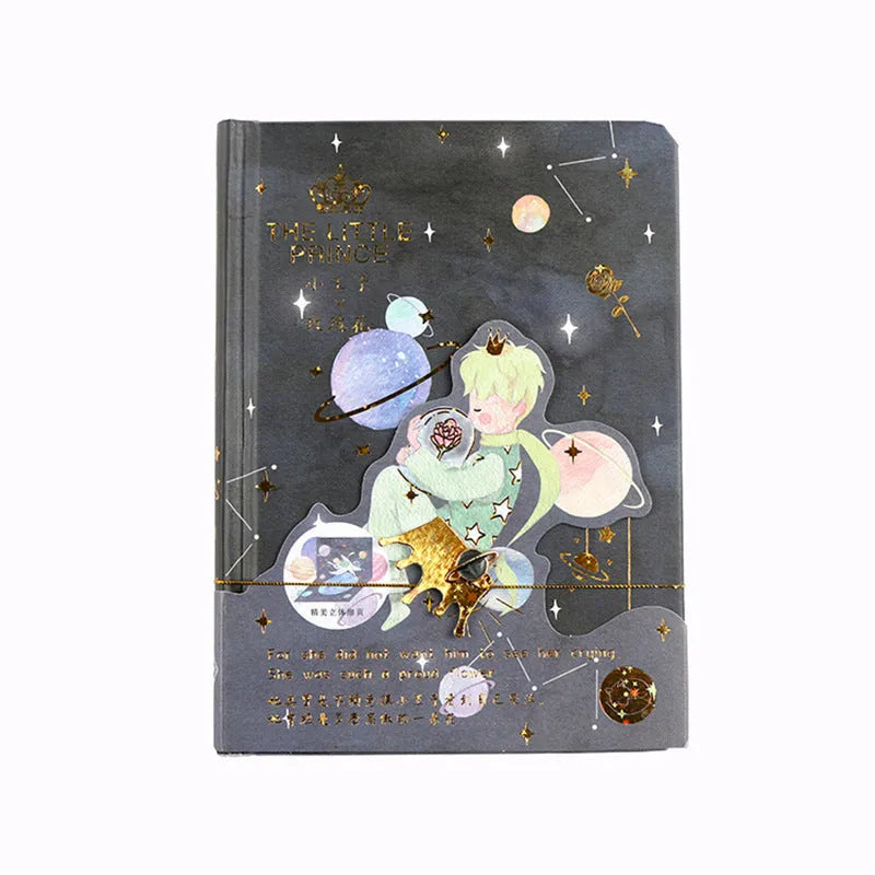 A5 hardback notebook with Little Prince cover design, saddle stitch binding, paper cover, shown in four styles