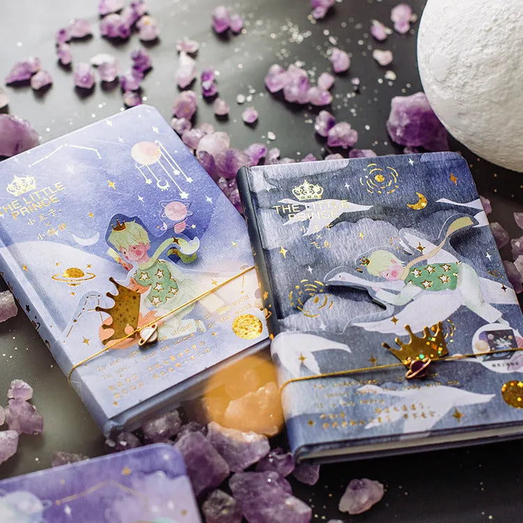 A5 hardback notebook with Little Prince cover design, saddle stitch binding, paper cover, shown in four styles