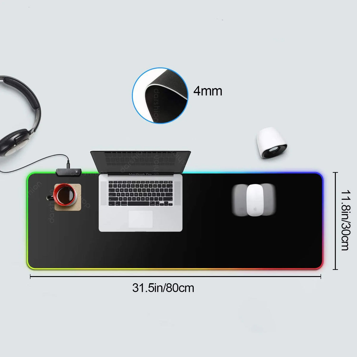 Luminous RGB mouse pad with LED lighting in 300x800mm size on a desk