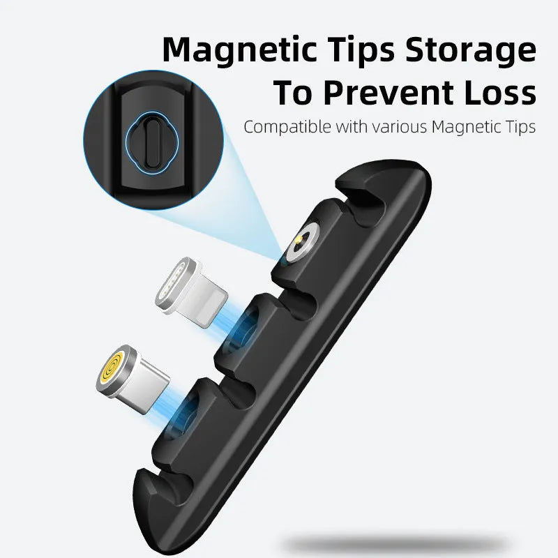 Black soft plastic desktop charging base stand with magnetic cable organiser for data cords