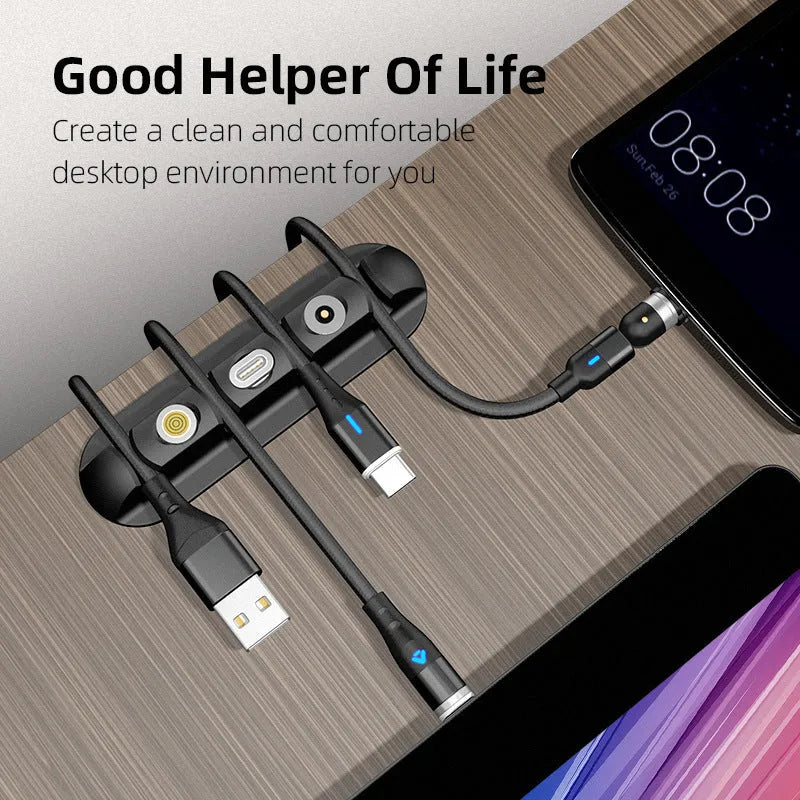 Black soft plastic desktop charging base stand with magnetic cable organiser for data cords