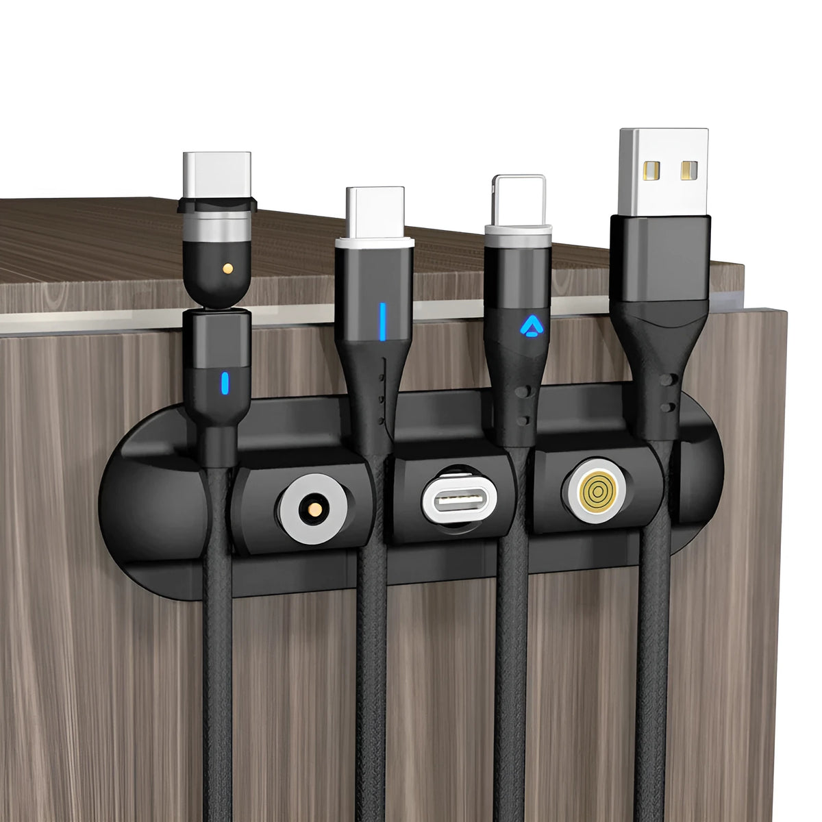 Black soft plastic desktop charging base stand with magnetic cable organiser for data cords