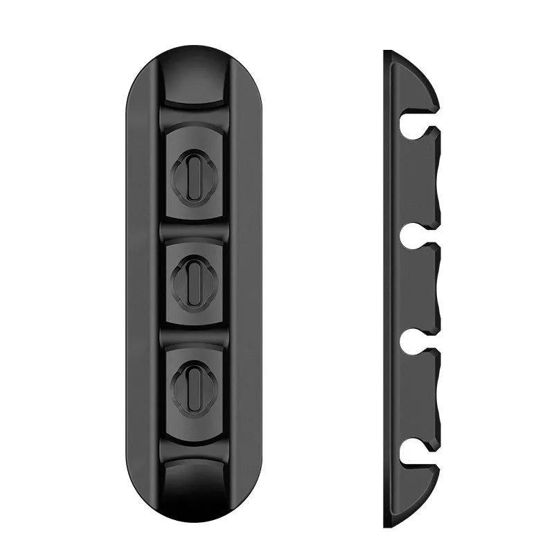Black soft plastic desktop charging base stand with magnetic cable organiser for data cords