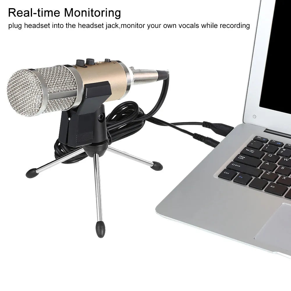 Gold-coloured wireless condenser microphone for mobile phone and computer with included bracket.