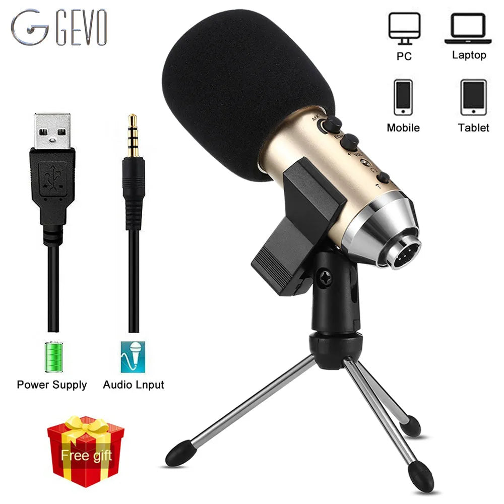 Gold-coloured wireless condenser microphone for mobile phone and computer with included bracket.