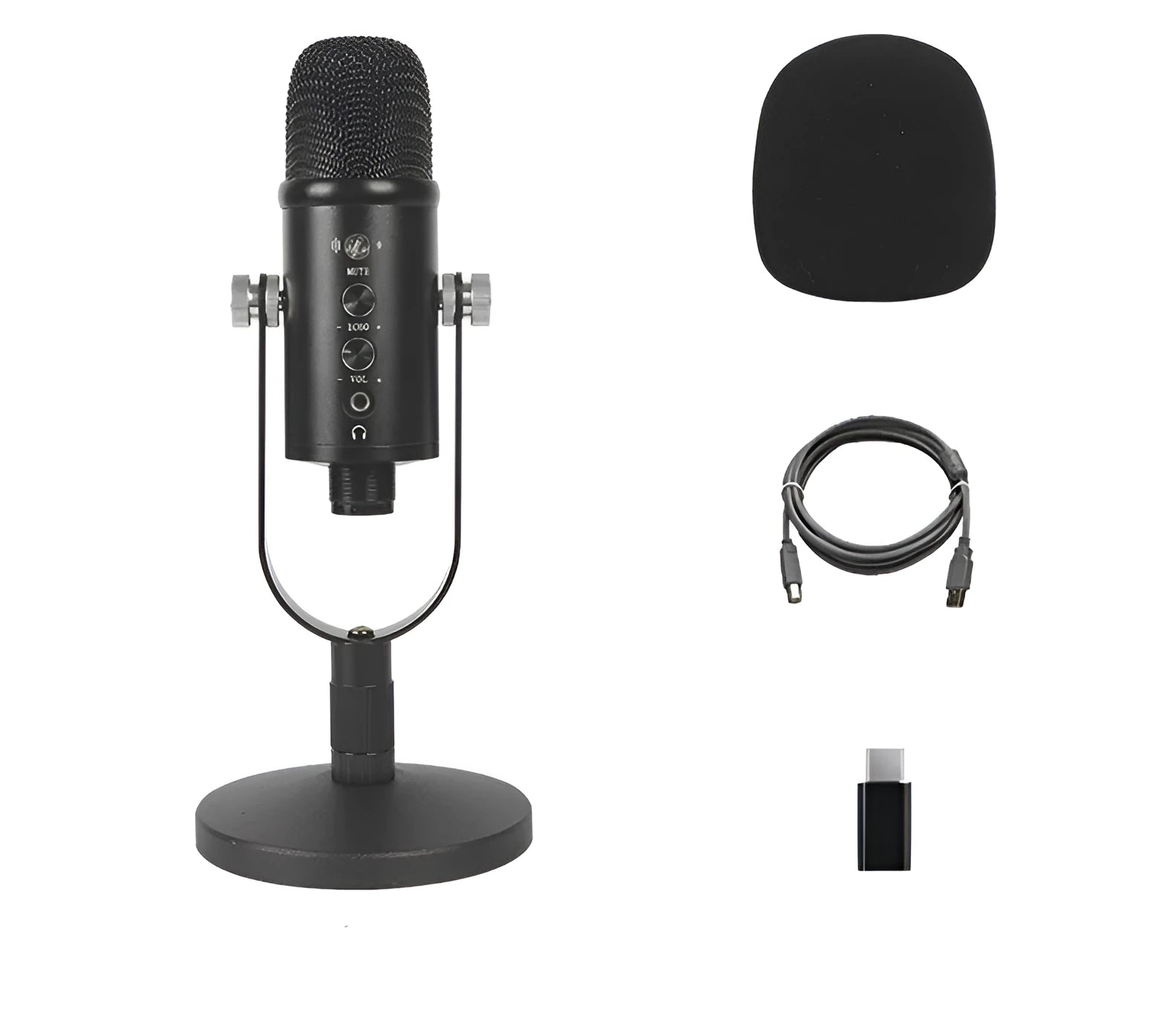 Black JIY BM-86PRO USB condenser microphone on metal stand with foam cover