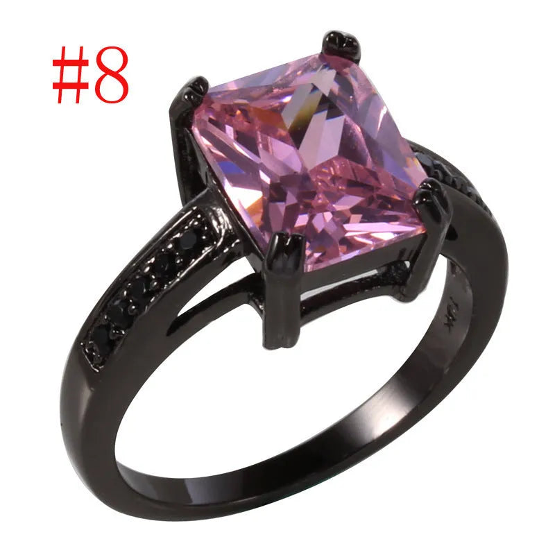 Zircon ring for ladies, copper with electroplated geometric design, black or white, sizes 6-9