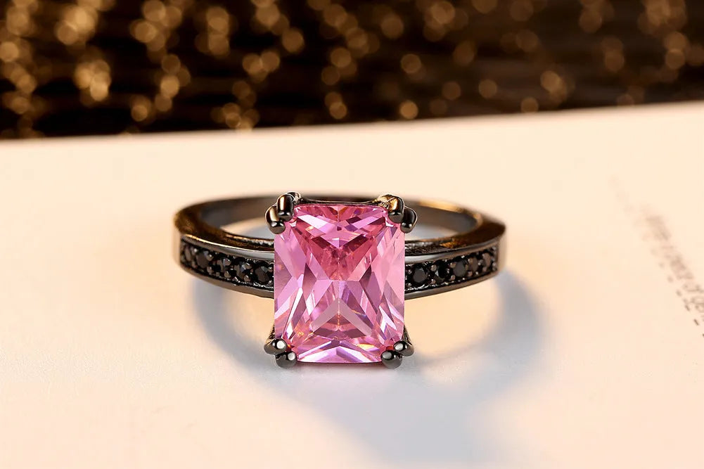 Zircon ring for ladies, copper with electroplated geometric design, black or white, sizes 6-9