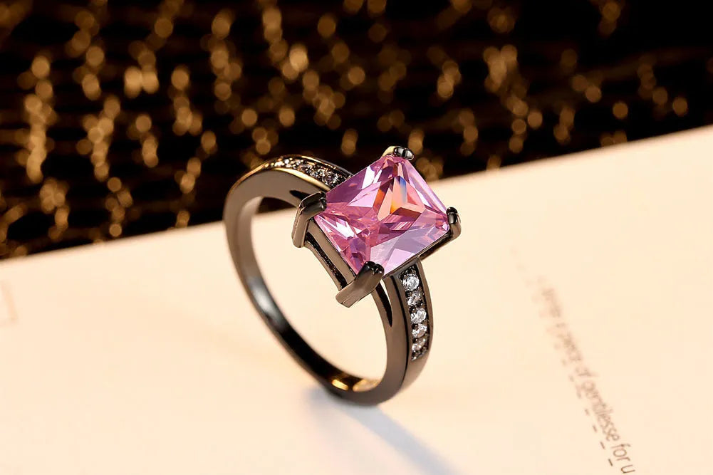 Zircon ring for ladies, copper with electroplated geometric design, black or white, sizes 6-9