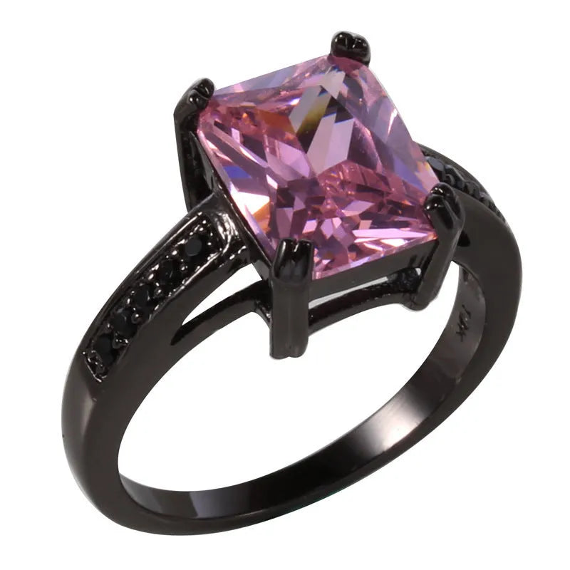 Zircon ring for ladies, copper with electroplated geometric design, black or white, sizes 6-9
