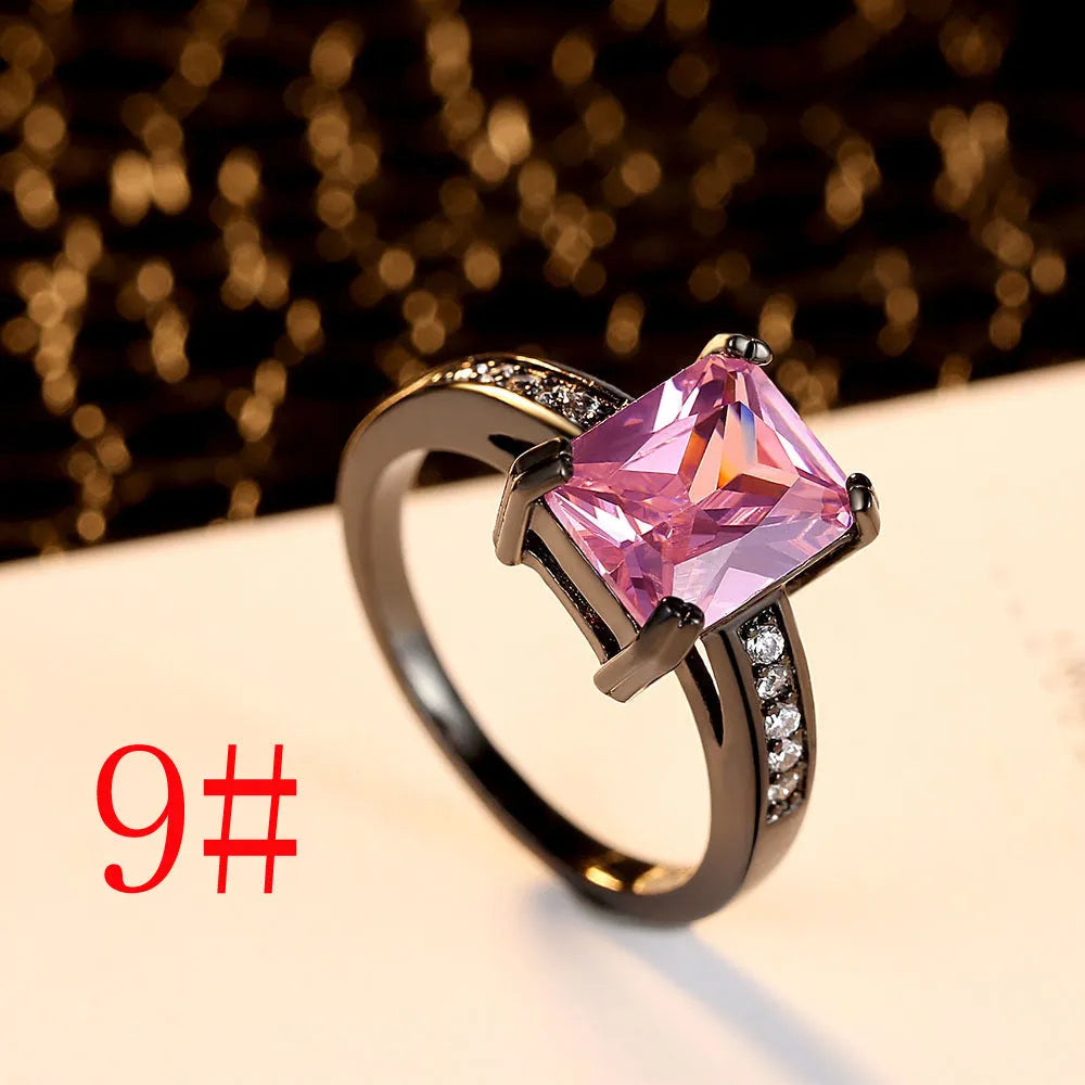 Zircon ring for ladies, copper with electroplated geometric design, black or white, sizes 6-9
