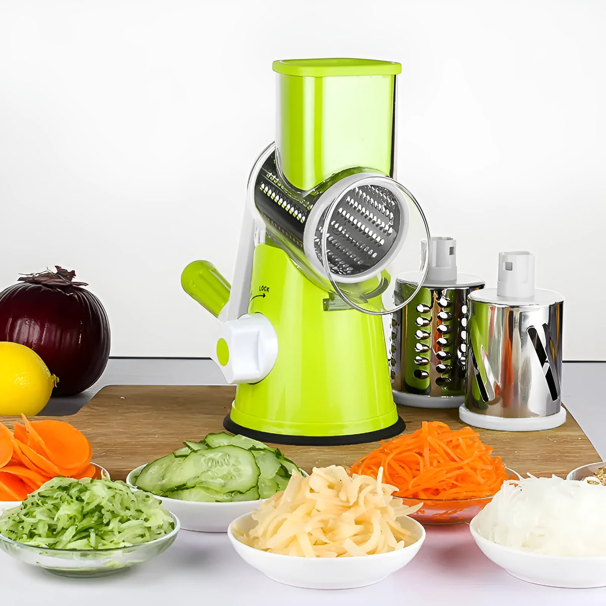 Multi-function food processor vegetable chopper with suction cup base in kitchen