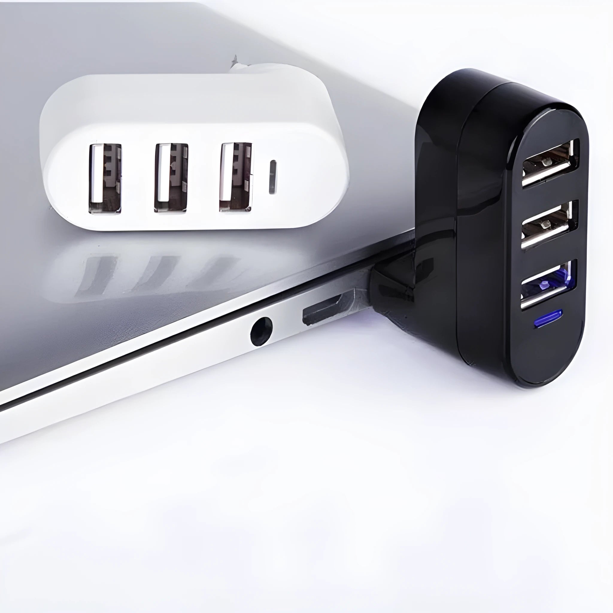 Black and white USB 2.0 hub with spin design showing multiple USB ports