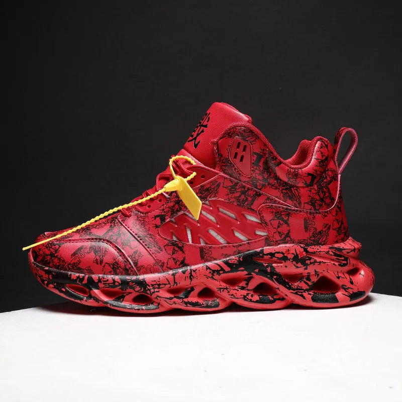 Men's black high-top basketball shoes with a camouflage pattern on the microfiber upper.