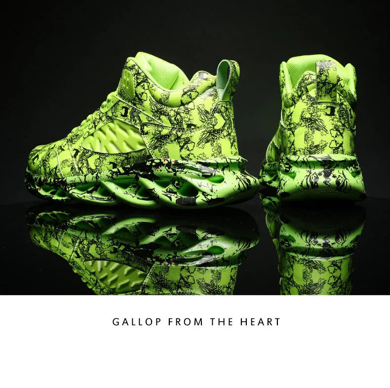 Men's black high-top basketball shoes with a camouflage pattern on the microfiber upper.
