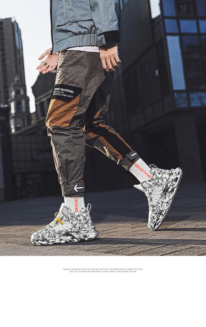 Men's black high-top basketball shoes with a camouflage pattern on the microfiber upper.