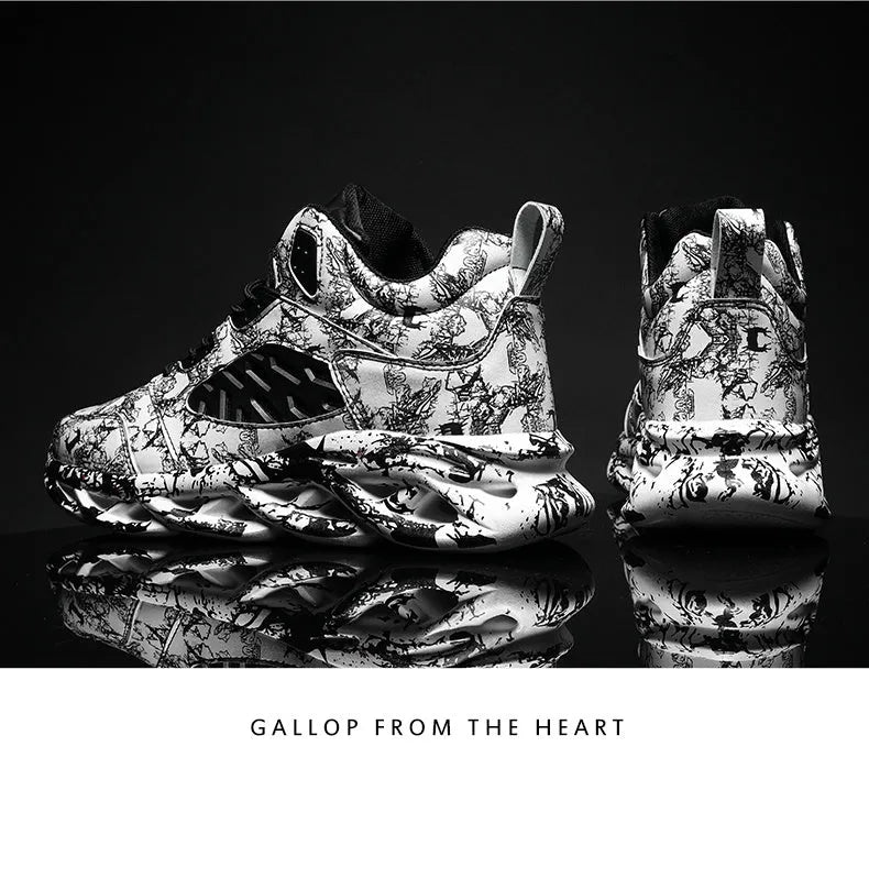 Men's black high-top basketball shoes with a camouflage pattern on the microfiber upper.
