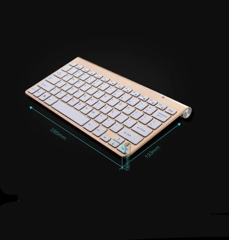 Portable 2.4G wireless keyboard and mouse set in black, gold, or silver, 283 x 122 x 10 mm, USB and Bluetooth compatible.