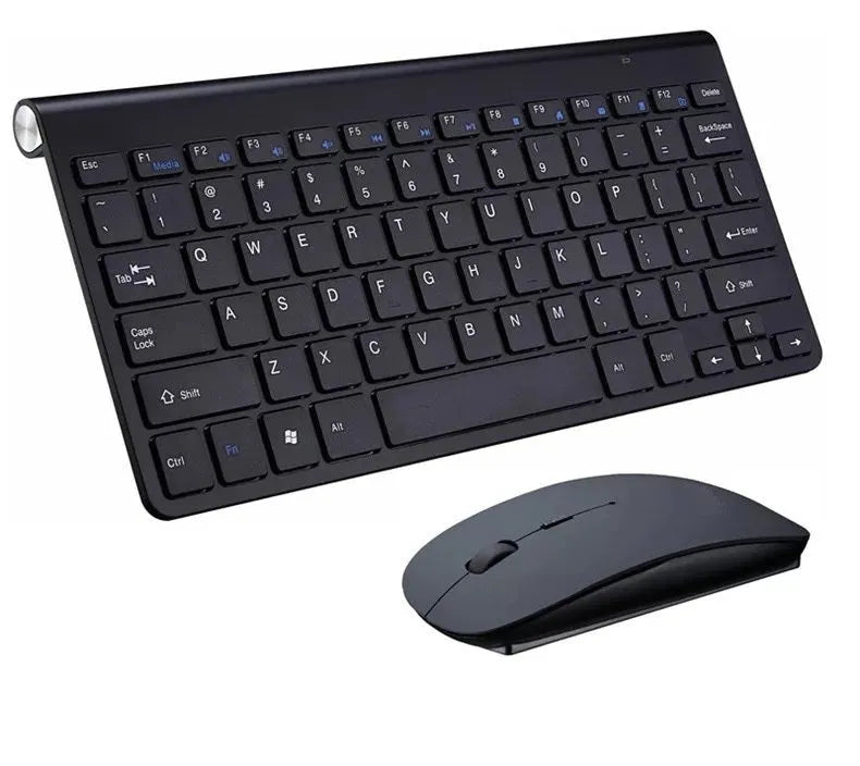 Portable 2.4G wireless keyboard and mouse set in black, gold, or silver, 283 x 122 x 10 mm, USB and Bluetooth compatible.