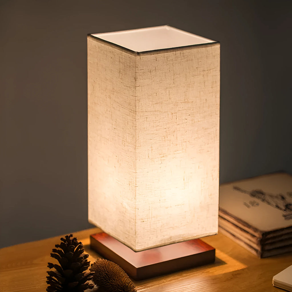 Wooden USB LED table lamp 14x14x33cm for bedroom, available in white, linen, gold geometry, coffee, and white grey with dimmer or push button switch