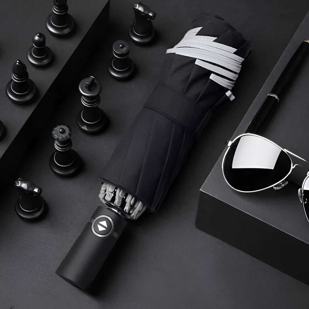 Automatic reverse umbrella showing three-fold design and plastic non-slip handle