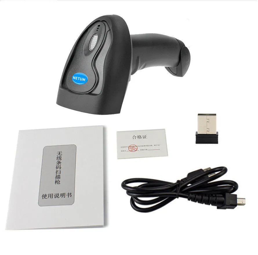 Black wireless handheld laser barcode scanner with USB interface