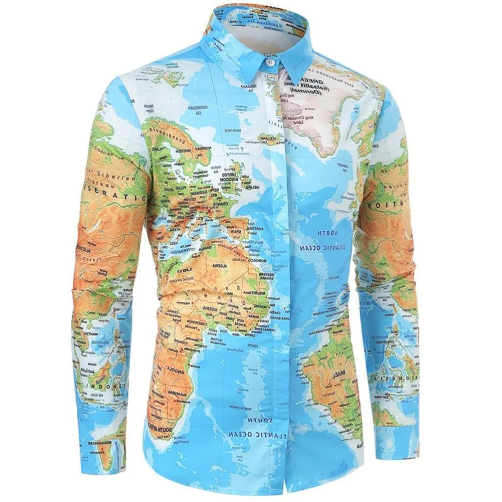 Men's world map print hidden button super slim fit long sleeve shirt in green