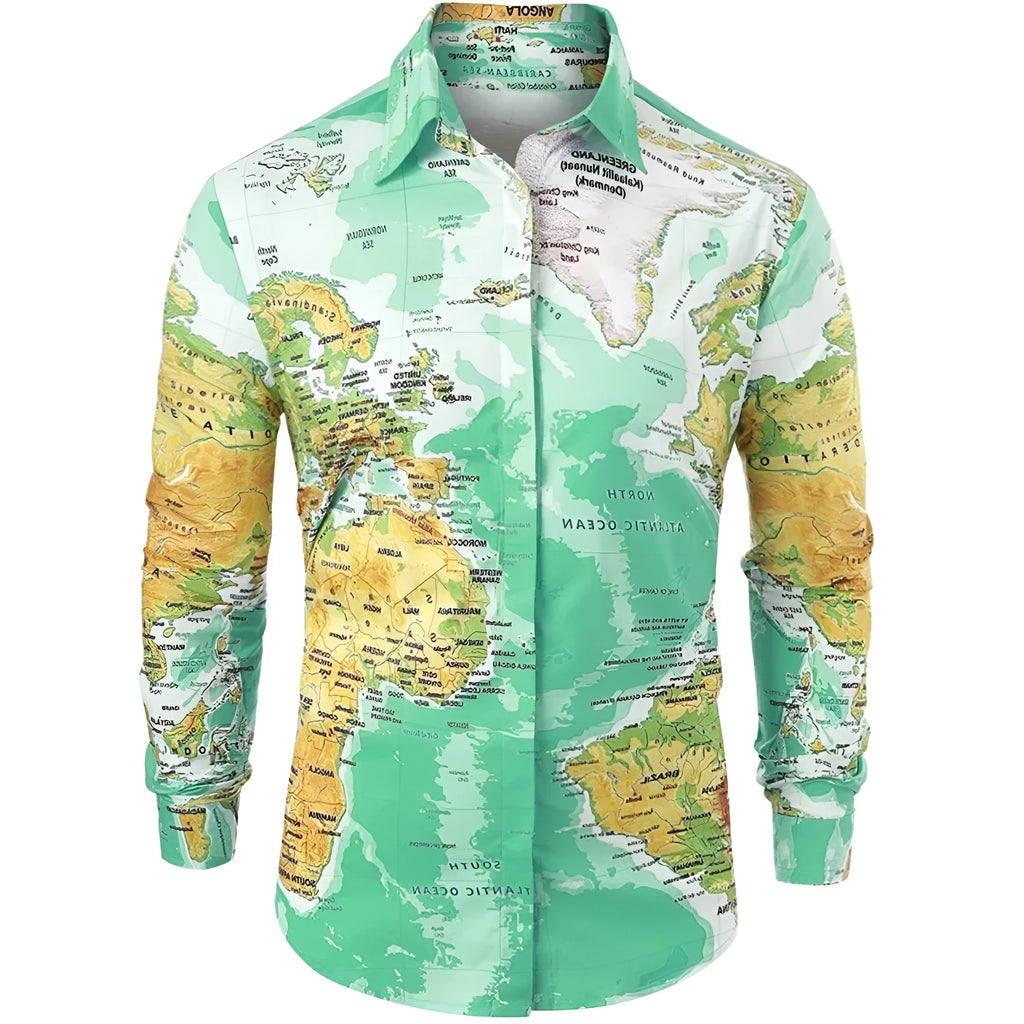 Men's world map print hidden button super slim fit long sleeve shirt in green