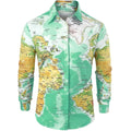 Men's world map print hidden button super slim fit long sleeve shirt in green