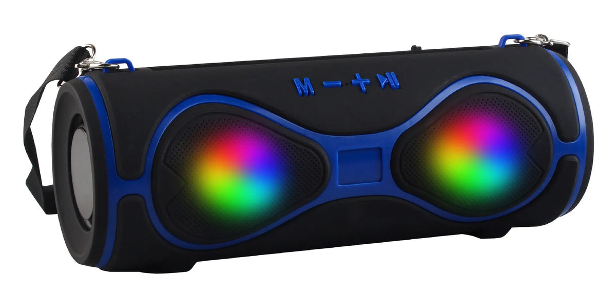 Compact multifunctional Bluetooth speaker with lantern light, strap, and phone stand in five colour options.
