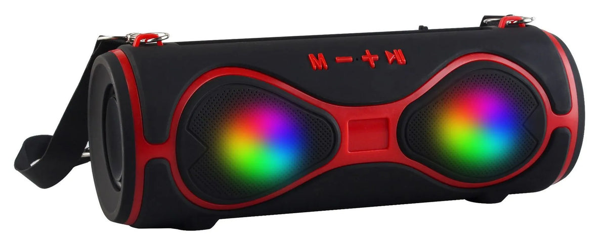 Compact multifunctional Bluetooth speaker with lantern light, strap, and phone stand in five colour options.
