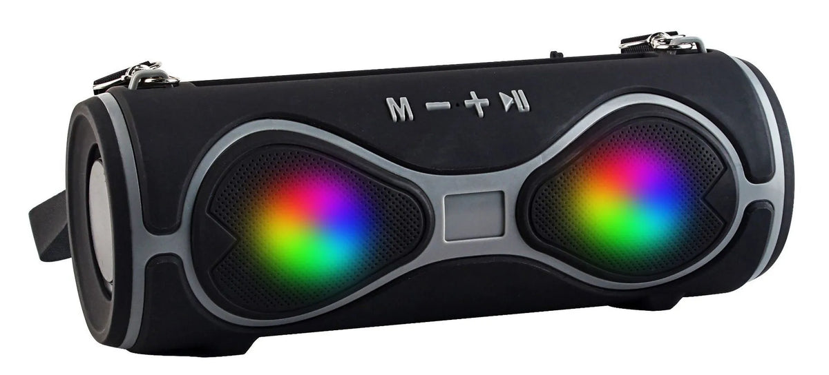 Compact multifunctional Bluetooth speaker with lantern light, strap, and phone stand in five colour options.