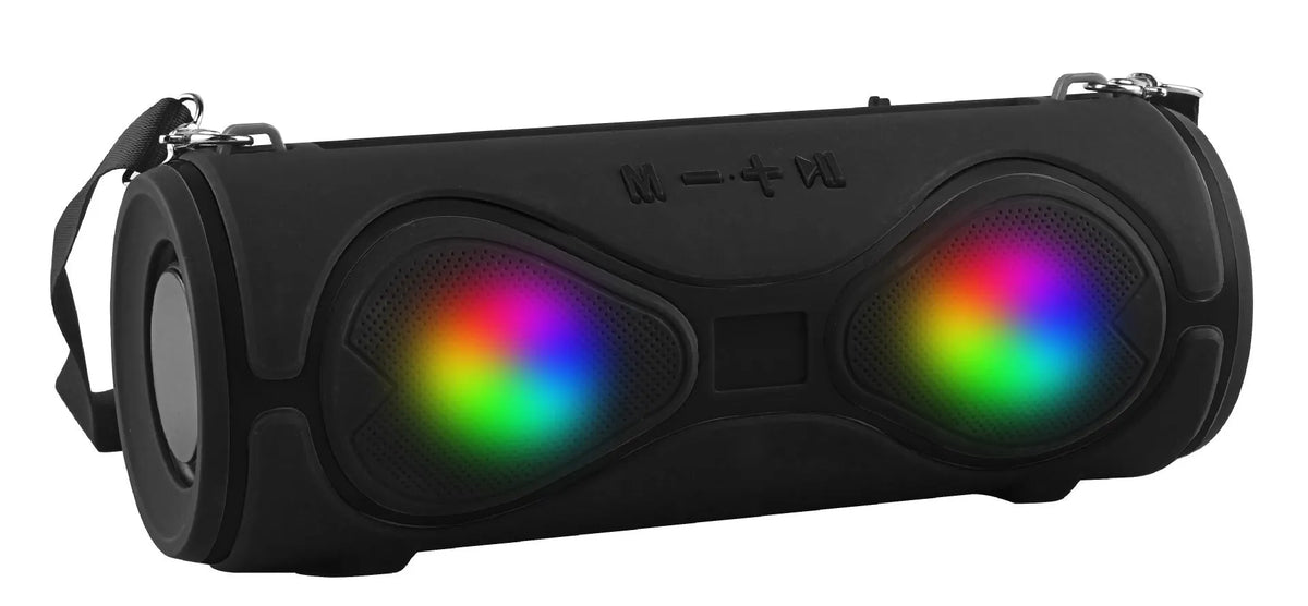 Compact multifunctional Bluetooth speaker with lantern light, strap, and phone stand in five colour options.